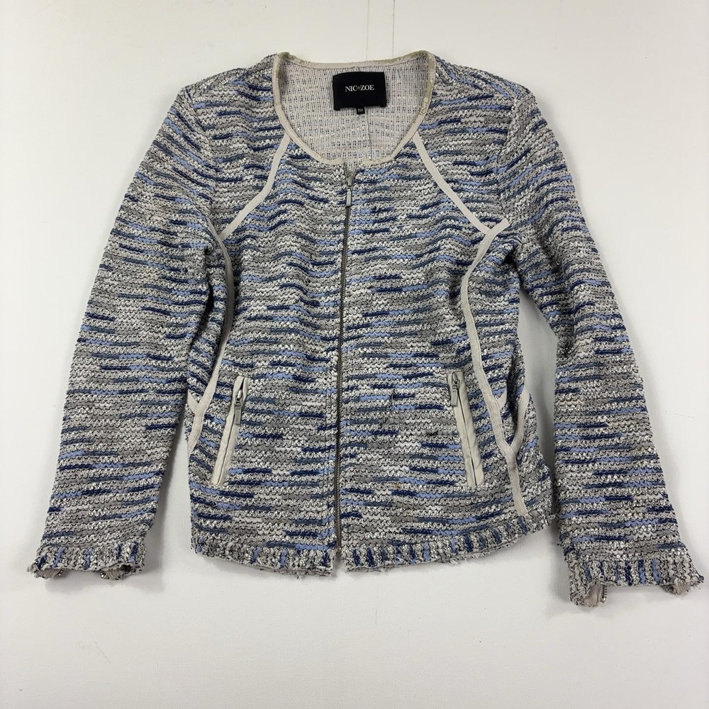 NIC+ZOE Jacket Womens Petite Medium Gray Blue Knit Full Zip Fringe Pockets